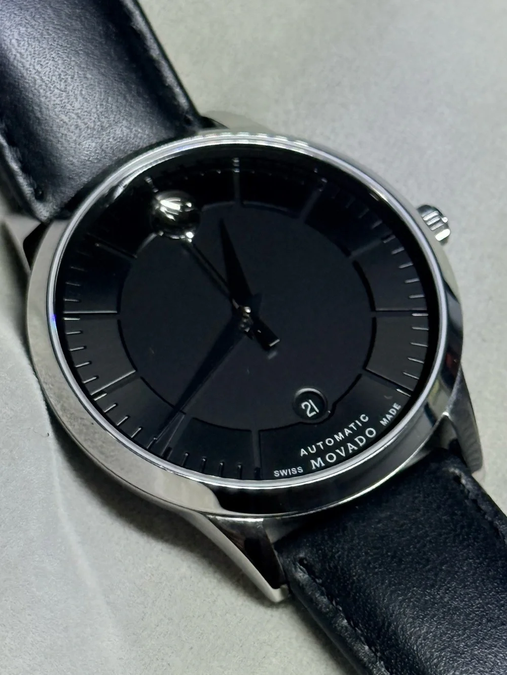 Movado Men's Stainless Steel Automatic Watch with Black Leather Strap